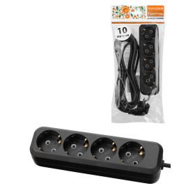 TDM Удлинитель 4 гнезда, 10 метров, с/з, 10 А, 2300 Вт, черный, НАРОДНЫЙ