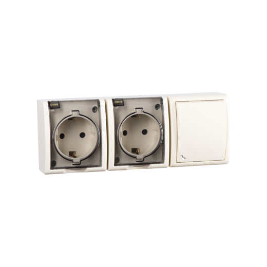 Simon 15 Бежевый Блок, розетка 2-я 2P+E Schuko 16А 250В + выкл.проход.10А 250В, IP54