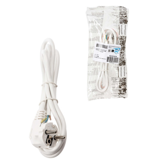 Шнур сетевой с вилкой ПВС 3x0,75мм² 3м с/з белый TDM