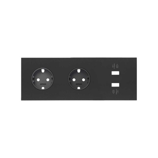 Simon 100 Черный матовый  Кит 3 поста, фронт. Накладка на 2 розетки Schuko + 2 з/у USB SC