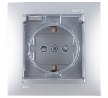 Simon 15 Алюминий Розетка с/з, со шторками, с крышкой, IP44, 16А, 250В, винт.зажим