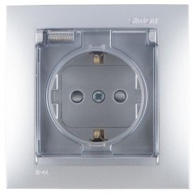 Simon 15 Алюминий Розетка с/з, со шторками, с крышкой, IP44, 16А, 250В, винт.зажим