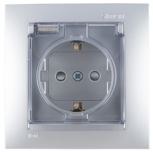 Simon 15 Алюминий Розетка 2Р+Е Schuko, со шторками, с крышкой, IP44, 16А, 250В, винт.заж.