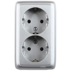 Hegel Альфа наруж Серебро РА16-153-06 Розетка с/з двойная, с изол. пластиной