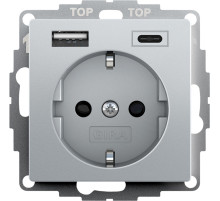 Gira S-55 Алюминий Розетка с з/к, шт,с USB двойн.A /C