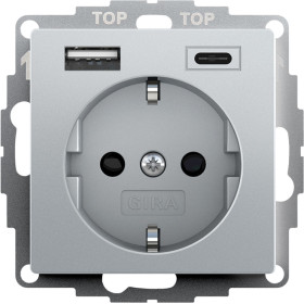 Gira S-55 Алюминий Розетка с з/к, шт,с USB двойн.A /C