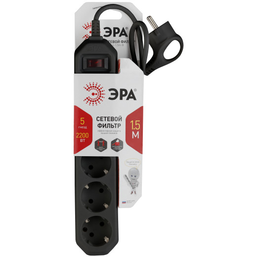 Сетевой фильтр ЭРА  USF-5es-1.5m-B с базовой защитой с заземлением с выключателем 5 розеток 1,5м 10А черный