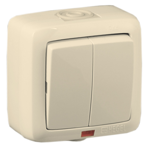 ВА10-252-01 Выключатель открытой установки, двухклавишный, с индикацией, брызгозащищенный, цвет слоновая кость