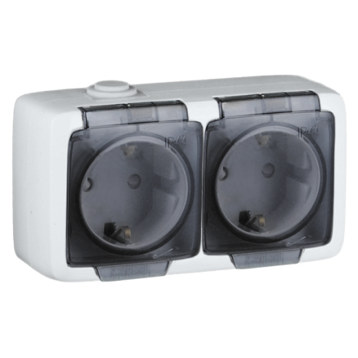 РА16-252 Розетка открытой установки, двухместная, с заземляющим контактом, со шторками, брызгозащищенная, цвет белая