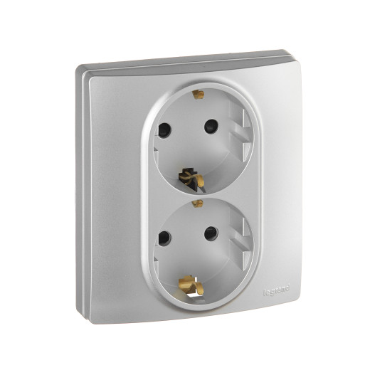 Розетка двойная с заземлением - Legrand Etika - со шторками в сборе 16А 250В безвинтовые зажимы - алюминий