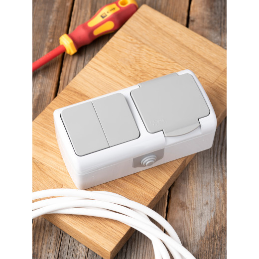 Мурманск Блок розетка 1-м 16А с заземлением с крышкой + 2-кл выключатель IP54 серый EKF