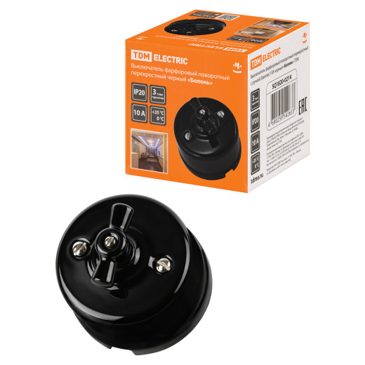 Выключатель фарфоровый поворотный перекрёстный с ручкой (бантик) 10А черный «Болонь» TDM