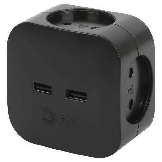 Разветвитель электрический ЭРА SP-4-USB-B на 4 розетки + 2xUSB 2400mA без заземления 10А черный