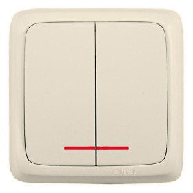 Hegel Альфа наруж Слоновая кость ВА16-156-01 Выключатель 2-клавишный с индикацией, с монт. пластиной