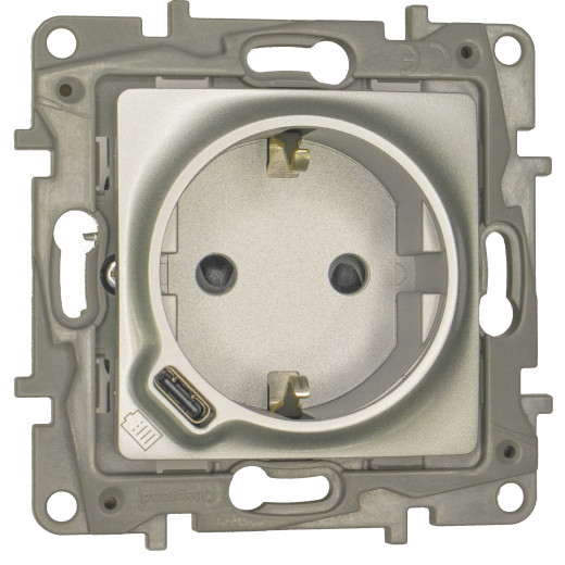 Розетка с заземлением с USB тип C - Legrand Etika - со шторками 16А 250В 1500мА 7,5Вт безвинтовые зажимы - алюминий