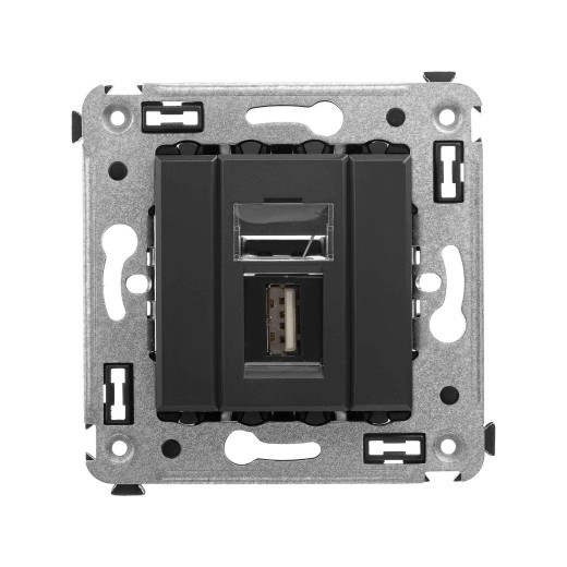 USB 2.0 розетка одинарная в стену, тип А-А, Avanti, черный матовый