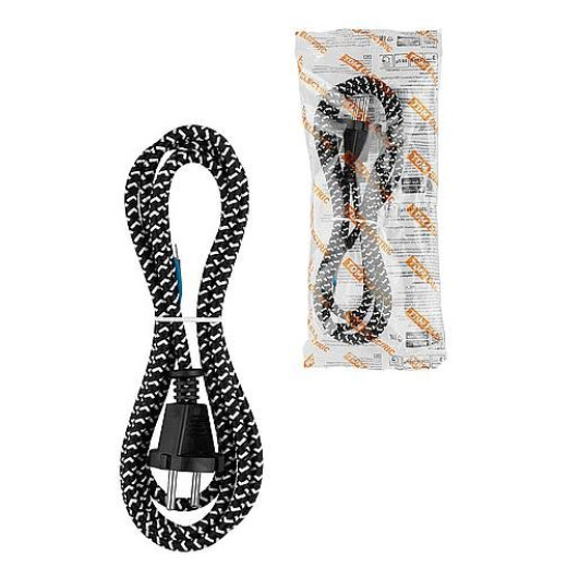 Шнур сетевой с вилкой в тканевой оплетке ПВС 2x0,75мм2 1,8м, 1400 Вт б/з черный TDM