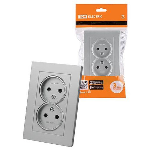 Розетка двойная 2П 10А 250В с защ. шт. серебр. металлик 