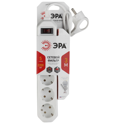 Сетевой фильтр ЭРА  USF-5es-3m-W с базовой защитой с заземлением с выключателем 5 розеток 3м 10А белый