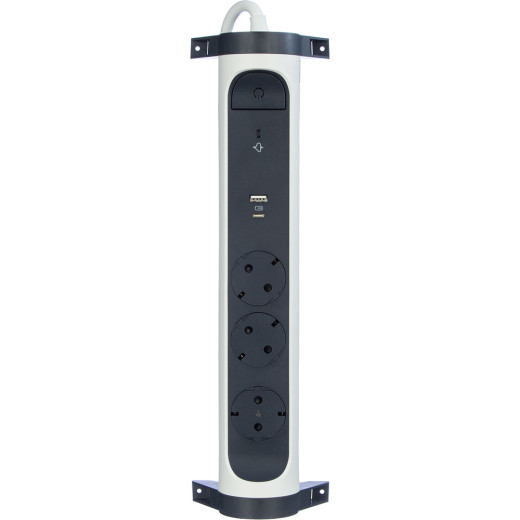 Удлинитель с заземлением Legrand 3 розетки с кабелем 1,5 м., с 2xUSB A+C (3А) зарядками, защитой от импульсных перенапряжений, кнопкой включения и поворотным основанием, цвет: бело-черный