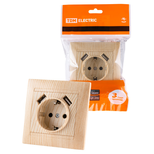 Розетка 2П+З 16А 250В + 2 USB порта 2,1А 5В сосна 