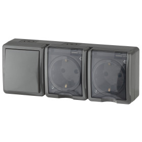 ЭРА Блок две розетки + выключатель Эксперт 11-7403-03 IP54 16A-10AX-250В ОУ серый