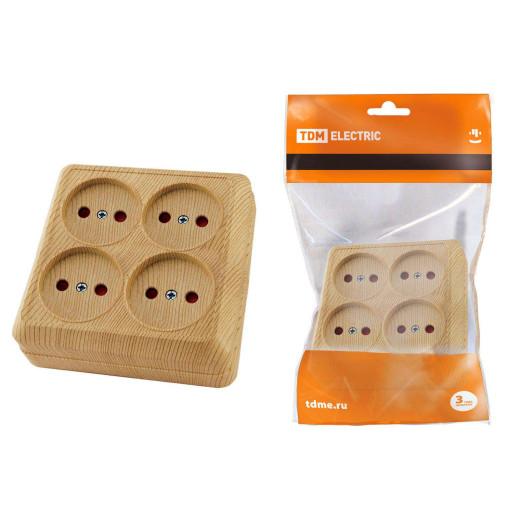 Розетка четырехместная 2П открытой установки IP20 10A с защитными шторками сосна 