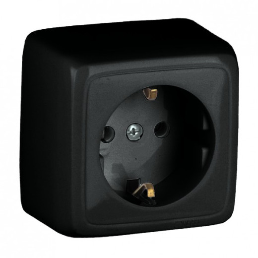 РА16-113-08 Розетка открытой установки, одноместная, с заземляющим контактом, с изолирующй пластиной, цвет черный