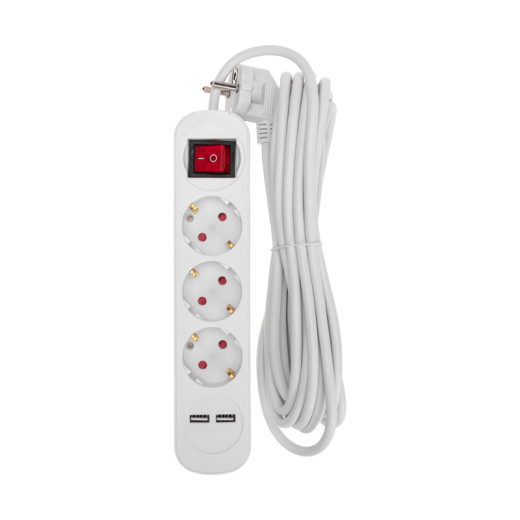 Удлинитель STANDARD 3 гнезда, 5м, 3x1,0мм², с/з, с выключателем, 2 USB, белый REXANT