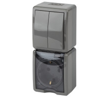 ЭРА Блок розетка с выключателем Эксперт 11-7408-03 двойным вертикальным IP54 16A-10AX-250В ОУ серый