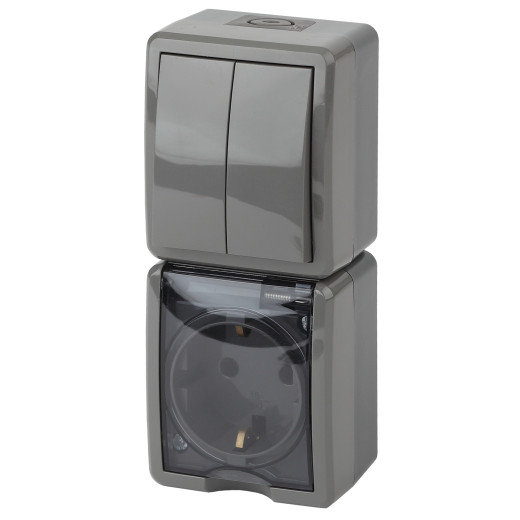 Блок розетка с выключателем ЭРА Эксперт 11-7408-03 двойным вертикальным IP54 16A-10AX-250В ОУ серый