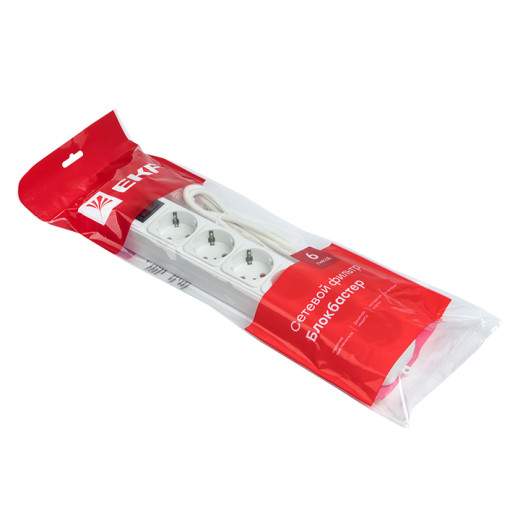 Сетевой фильтр 6*1,8м 10А/2,2кВт с выкл. c/з ПВС 3x0,75 Блокбастер EKF PROxima