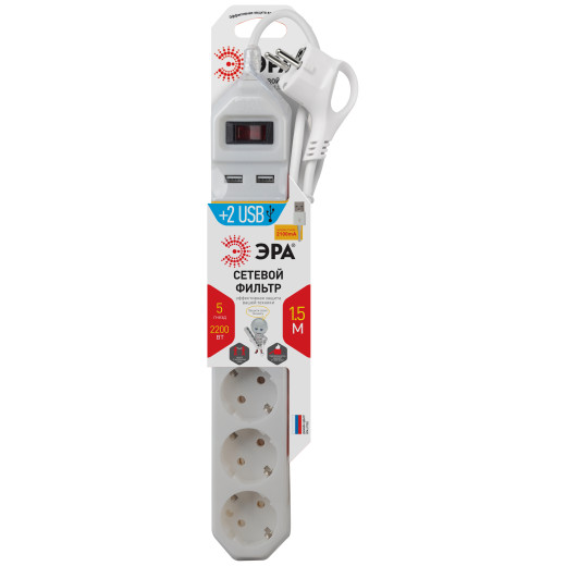 Сетевой фильтр ЭРА  USF-5es-1.5m-USB-W с базовой защитой с заземлением с выключателем 5 розеток 1,5м 2хUSB 10А белый