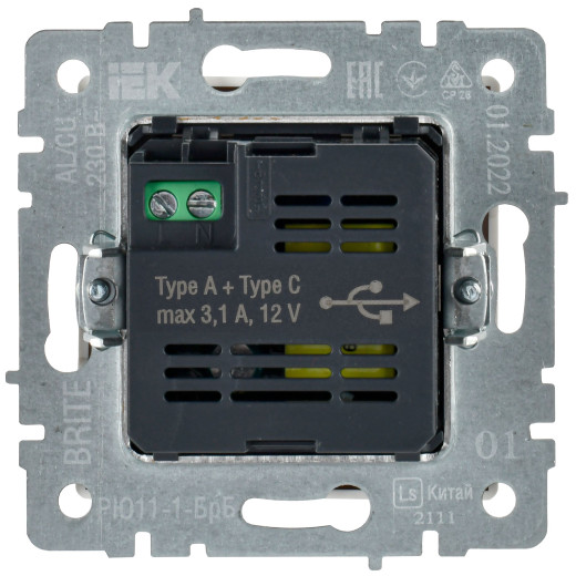 BRITE Роз. USB A+C 18Вт РЮ11-1-БрБ бел. IEK