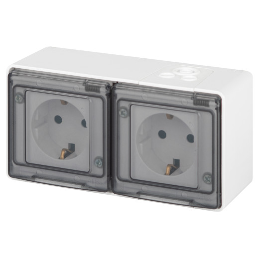 Розетка ЭРА Эксперт 11-2503-01 двойная с заземлением с крышкой 2х2P+E горизонт IP55 16A-250В ОУ белый