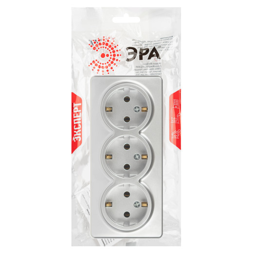 Розетка ЭРА Эксперт 11-2208-03 тройная с заземлением 3х2P+E Schuko IP20 16A-250В ОУ алюминий
