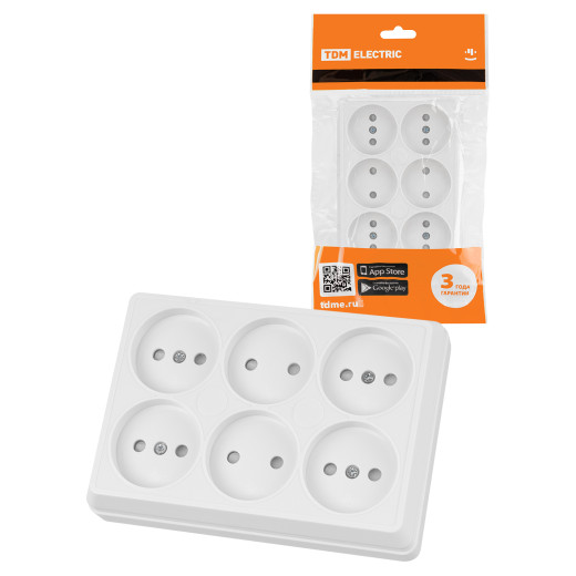 Розетка шестиместная 2П открытой установки IP20 10A с защитными шторками белая 