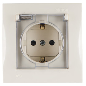 Simon 15 Бежевая Розетка 1-ая с/з с крышкой с защитными шторками, IP44 (в сборе с рамкой)