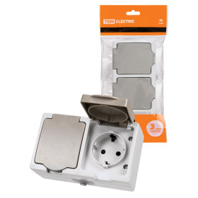 TDM Розетка двойная 2П+З (горизонтальная) открытой установки IP54 16А серая 