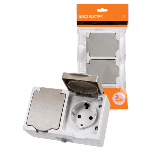 Розетка двойная 2П+З (горизонтальная) открытой установки IP54 16А серая 