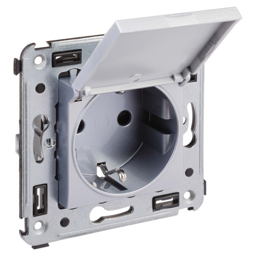 Розетка с крышкой в стену, 2P+E, с з/ш, Avanti, закаленная сталь