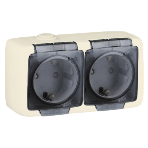 РА16-252-01 Розетка открытой установки, двухместная, с заземляющим контактом, со шторками, брызгозащищенная, цвет слоновая кость