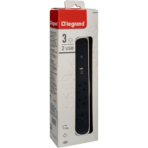 Удлинитель с заземлением Legrand 3 розетки с кабелем 1,5 м., с 2xUSB A+C (3А) зарядками, защитой от импульсных перенапряжений, кнопкой включения и поворотным основанием, цвет: бело-черный