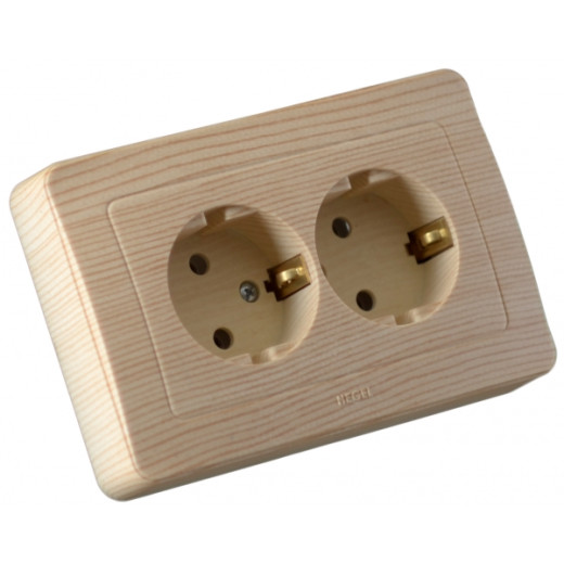 РС16-351-02 Розетка скрытой установки, двухместная, с заземляющим контактом, цвет сосна