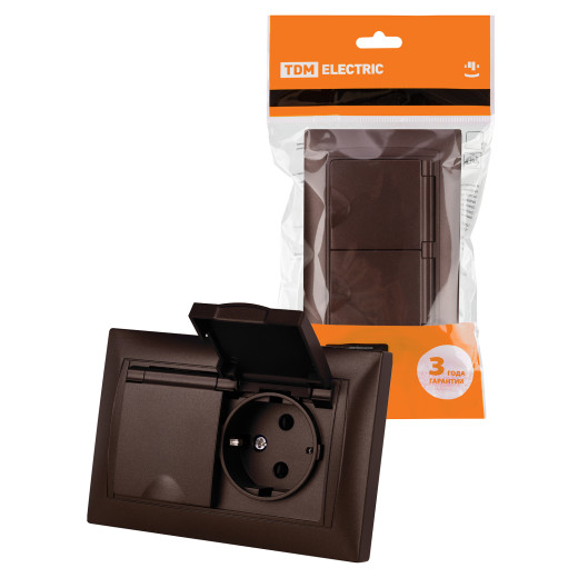 Розетка двойная 2П+З 16А 250В IP44 с защ. шт. с крышкой шоколад 
