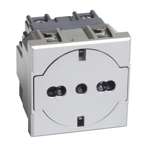 AXOLUTE. Розетка 2К+З 16А 250В, немецкого/итальянского стандартов,с плоской лицевой панелью. Цвет Алюминий