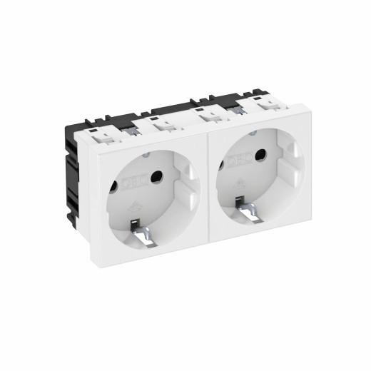 Розетка силовая 0° двойная 2х2К+З, 2 модуля Modul45, 45х90 мм, со шторками, 16А 250В белая