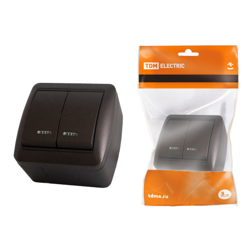 Выключатель 2-кл. открытой установки с подсветкой IP44 10А шоколад 