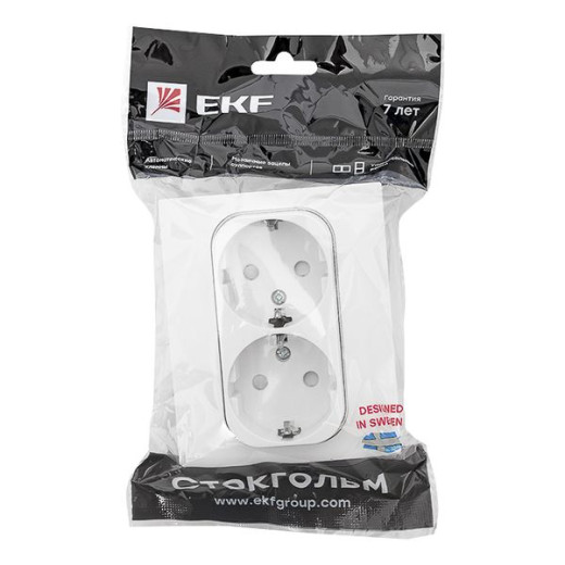 Стокгольм Розетка 2-местная с/з 16А автоматические клеммы белая с защ. штор. EKF PROxima