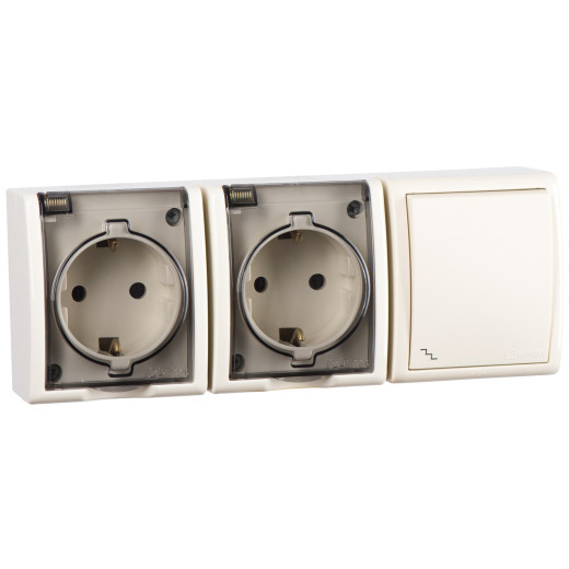 Simon 15 Бежевый Блок, розетка 2-я 2P+E Schuko 16А 250В + выкл.проход.10А 250В, IP54